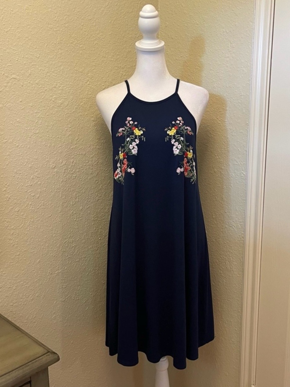 Francesca's Alya Navy Halter Neckline Floral Embroidered A-Line Knit Dress M